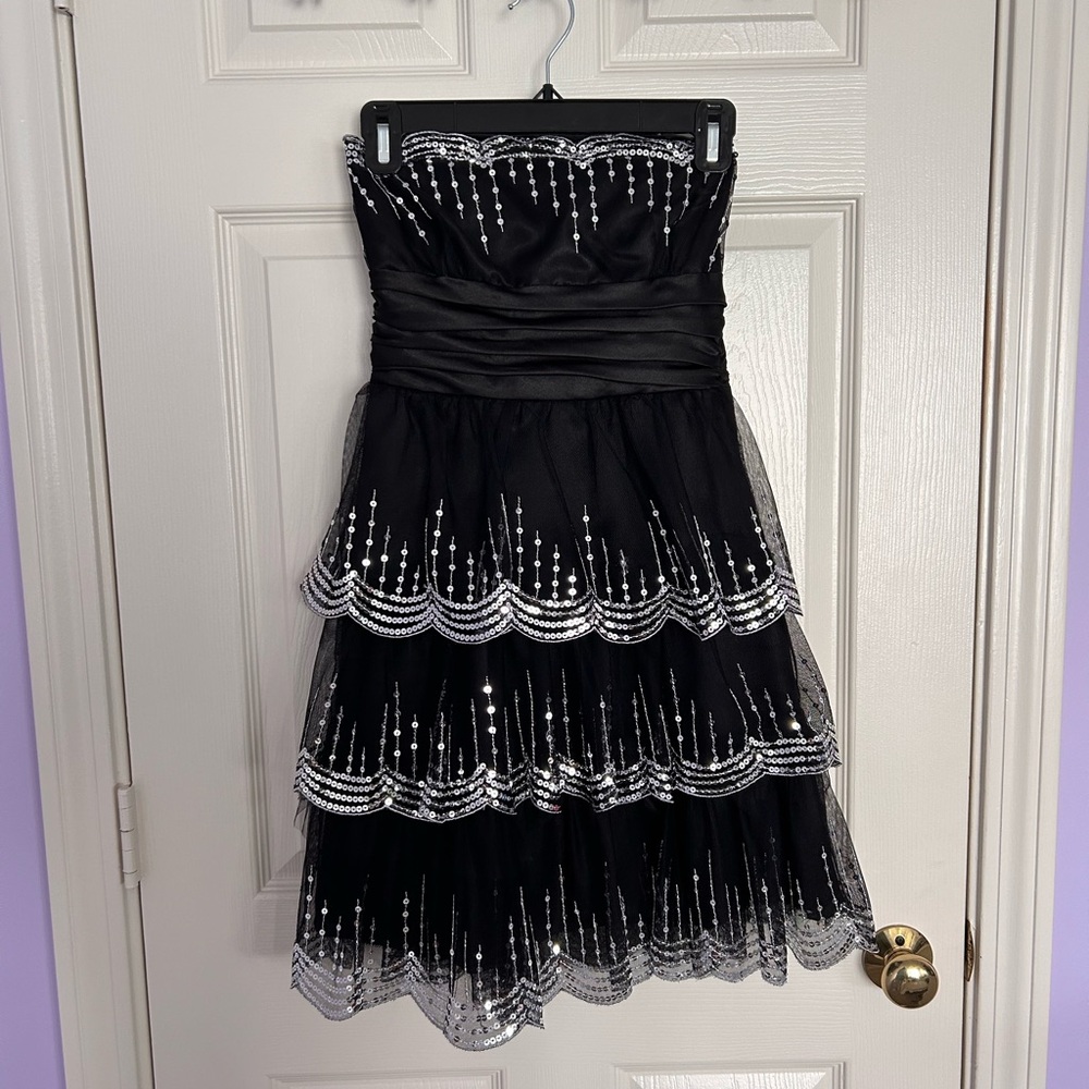 Black, strapless Masquerade dress with sequins